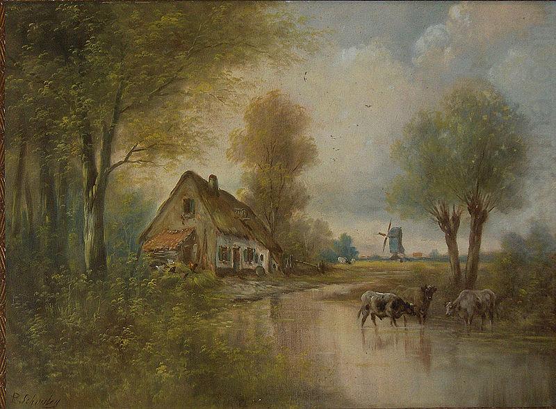 Landscape with cows, small farm and windmill, unknow artist
